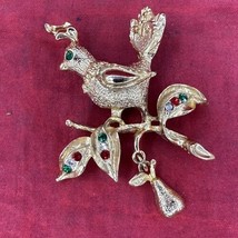 VTG Partridge in Pear Tree Brooch Pin Gold Tone Rhinestones Costume Jewelry - $19.68