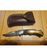 JW Steel Crafts Damascus Pocket Knife Tan Wood &amp; Dark Wood Handle - $125.12 CAD
