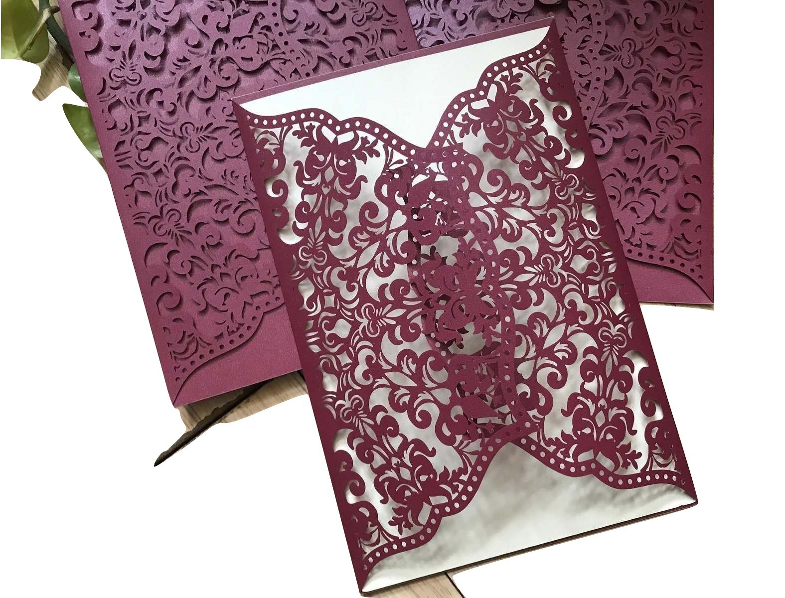  50pcs Burgundy Red Laser Cut Wedding Invitations,Sweet Sixteen Invitati... - $64.60