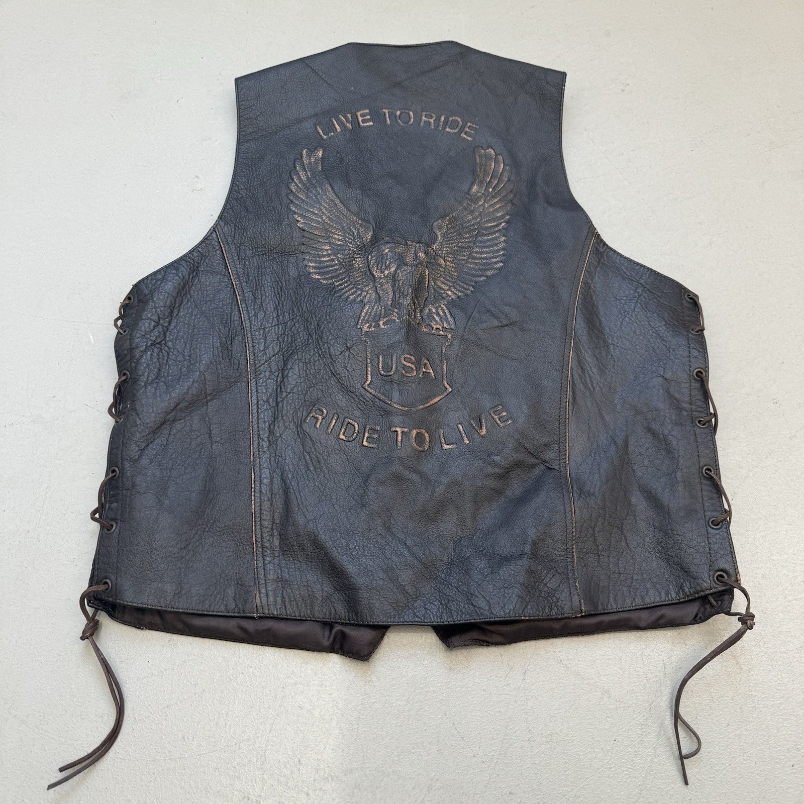 Mens USA Bikers Dream Apperal Leather Vest 46 Live to Ride Eagle Motorcycle - $49.49