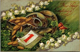 New Year Greetings - Gold Coins ,Clover, Embossed Vintage Posted 1909 Postcard - £9.79 GBP