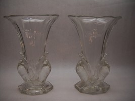 SET OF 2 Vintage Czech Glass BIRD VASES Octagon BASES Oblong SCALLOPED T... - £54.80 GBP