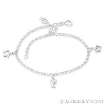 Dolphin, Star, &amp; 3mm Rolo Link Chain Charm Anklet in Italy .925 Sterling Silver - £28.18 GBP