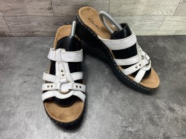 Clarks Women Shoes White 10M Leather Slip On Strap Casual Comfort Slides... - $27.54