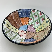 Handpainted Patchwork Mixed Pattern Enamel Bowl Mushroom Strawberry Boho 6.5&quot; - $23.36