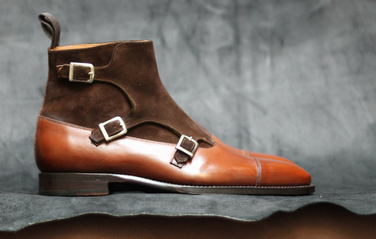 Two Tone Tan Brown Suede Monk Triple Buckle Strap Leather Ankle Boots US 7-16