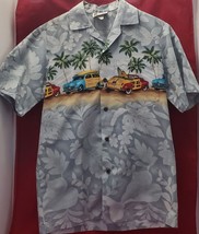 VTG Aloha Republic Blue Floral Cars Surf Beach Hawaiian Camp Shirt Mens S USA - £11.68 GBP