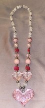 Vintage Necklace 18” Pink &amp; White Beaded Pink With Glitter Heart Pendant - $8.55