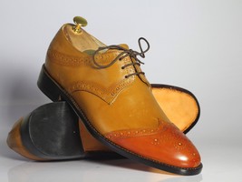 Handmade Men&#39;s Tan Brown Leather Wing Tip Shoes, Men Dress Fashion Lace Up Shoes - £116.61 GBP