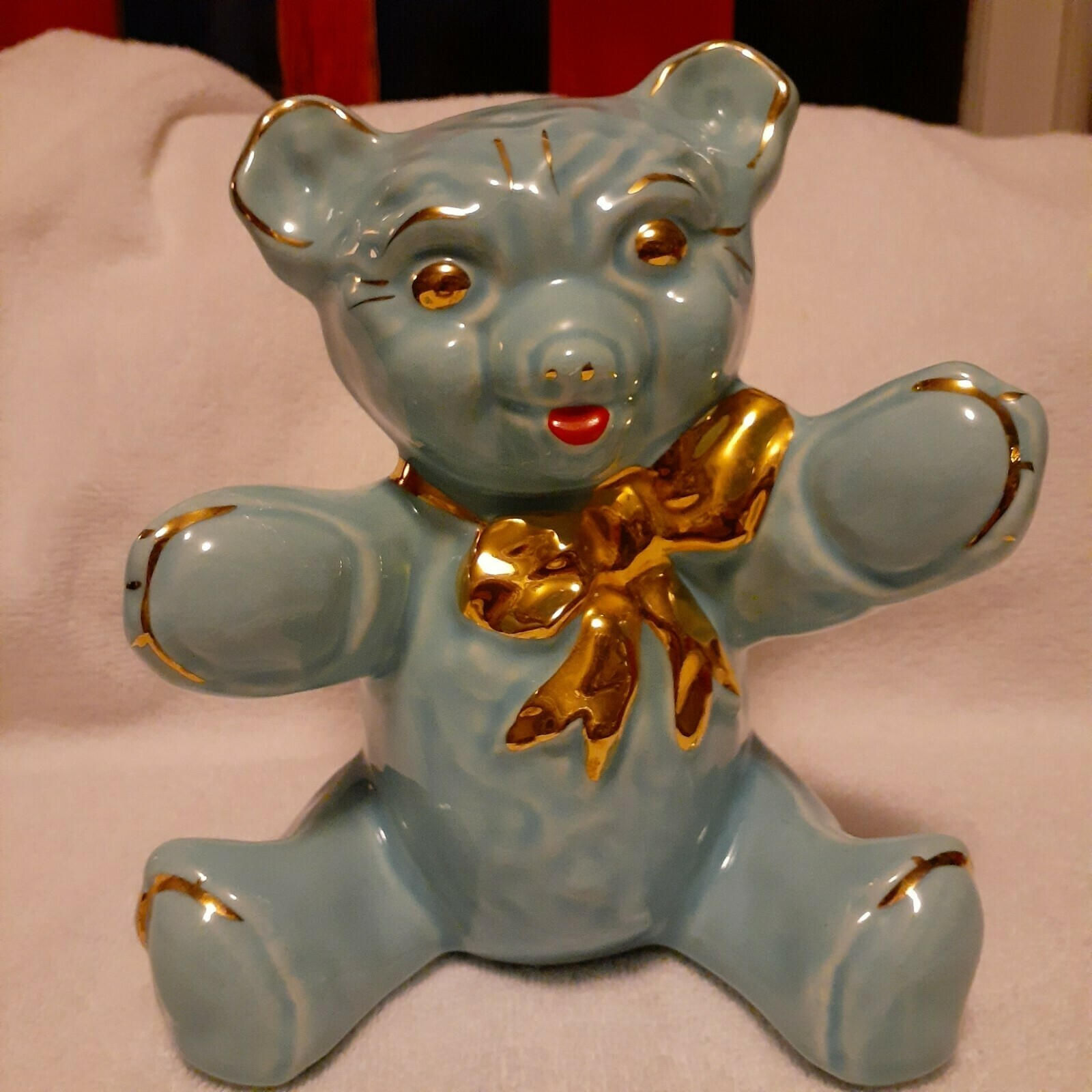 Pearl China Co, gold trim bear bank, turquoise, 1940&#39;s, ceramic, large 7... - $40.00