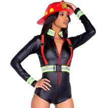 Firefighter Costume Set Vinyl Bodysuit Belt Suspenders Helmet Fireman Woman 5020 - £54.51 GBP