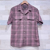 Banana Republic Slim Fit Camp Collar Resort Shirt Pink Black Plaid Mens ... - £22.79 GBP