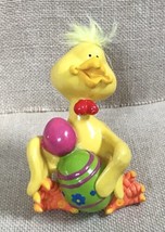 Vintage Kitsch Yellow Duck Figurine w Feather Fluff On Head Holding Easter Egg - £7.83 GBP