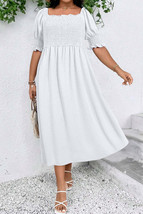 White Swiss Dot Smocked Frilled Neckline Short Sleeve Plus Size Dress - $41.99+