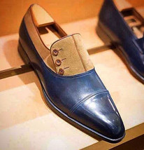 An item in the Fashion category: New Handmade Men 2 Tone Blue Tan Color shoes, Men Cap Toe Button Leather Suede S
