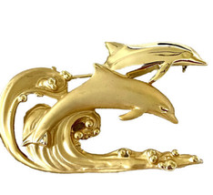 AJC Vintage Dolphins On Wave Brooch Pin About 3 Inch Wide Shiny Gold Tone - $20.00