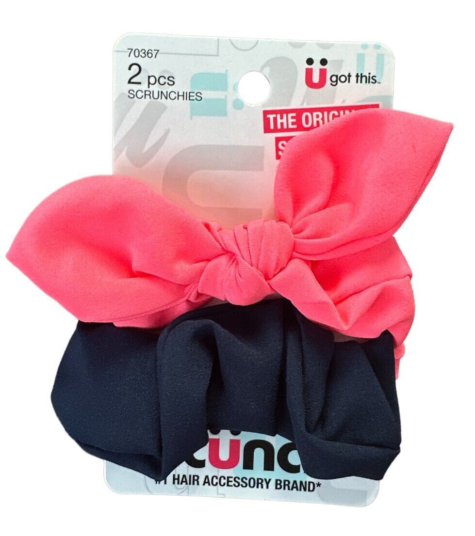 2 Pcs Scrunchies Hairbands by Scunci - Pink with Bow and Navy Blue #70367 - $4.94