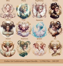Girl Zodiac Sign Clipart, Aquarius, Aries, Cancer, Capricorn, Gemini, Leo, Libra - £7.99 GBP
