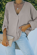 Apricot V Neck 3/4 Sleeve High Low Hem Shirt - £19.78 GBP