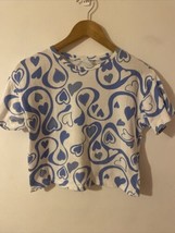 Zara Girl’s Crop Top Blue &amp; White Hearts Graphic T- Shirt - £11.69 GBP