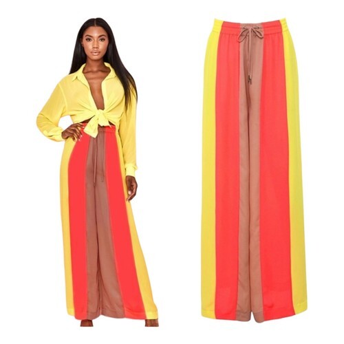 NEW House of CB Margot Women Size Medium Pants Beach Wide Leg Yellow Neon Coral Item image 2