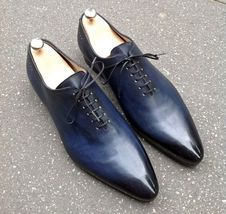 Handmade Kashmir Blue Balmoral Whole-Cut Pointed Toe Good Quality Leather Shoes - £101.70 GBP