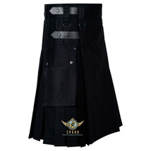 Black Cotton Scottish utility kilt Two Cargo Pockets Leather Strap kilt For men - £39.83 GBP