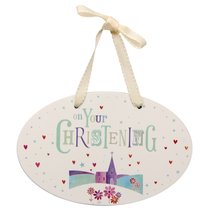 On Your Christening Hanging Wooden Plaque Decoration - $9.58