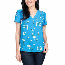 Hilary Radley Womens V-Neck Printed Blouse Small Color Blue &amp; Off White Floral - £31.46 GBP