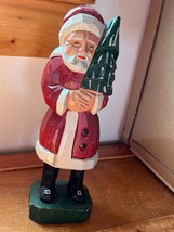 Tall Carved &amp; Painted Classic Wood SANTA CLAUS Holding Christmas Tree Ho... - $19.39
