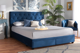 Paxton Navy Blue Velvet Fabric 2-Drawer Queen Size Platform Storage Bed - $11,896.08 MXN