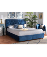 Paxton Navy Blue Velvet Fabric 2-Drawer Queen Size Platform Storage Bed - $11,896.08 MXN