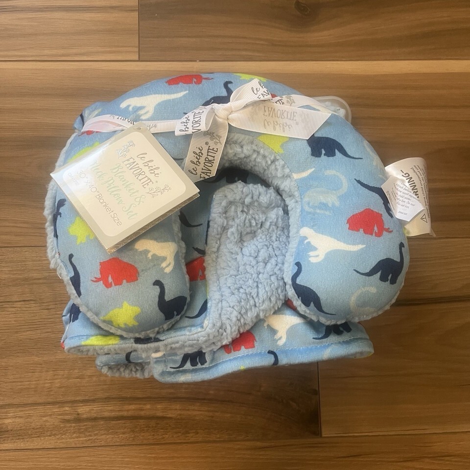 Le Bebe Favorite Blanket &amp; Neck Pillow Set Blue Dinosaurs NWT - $37.99
