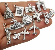 10 Travel Charms Antiqued Silver Traveling Pendants Assorted Lot Mix Vehicle - £4.70 GBP