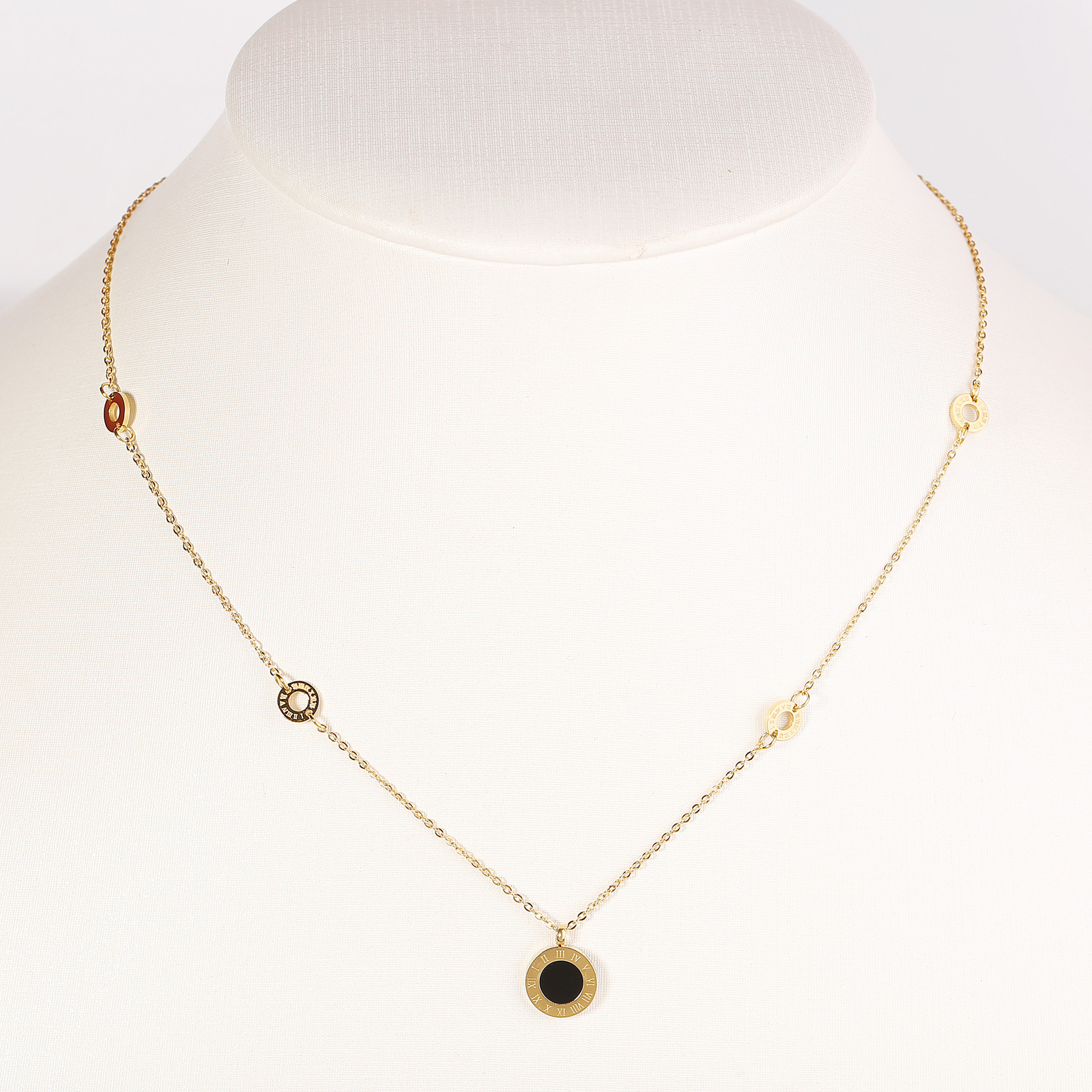 Rose Tone Pendant Necklace and Jet Black Circle with Roman Numerals