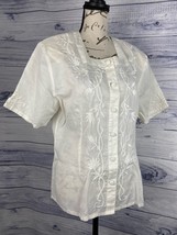 Vintage Carlies Courts Linen Shirt Womens 10 Embroider Square Neck Off W... - $16.20