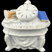Vintage Porcelain Fairing Trinket Dresser Box with Cameo W/ Pocket Watch Clock - £26.32 GBP