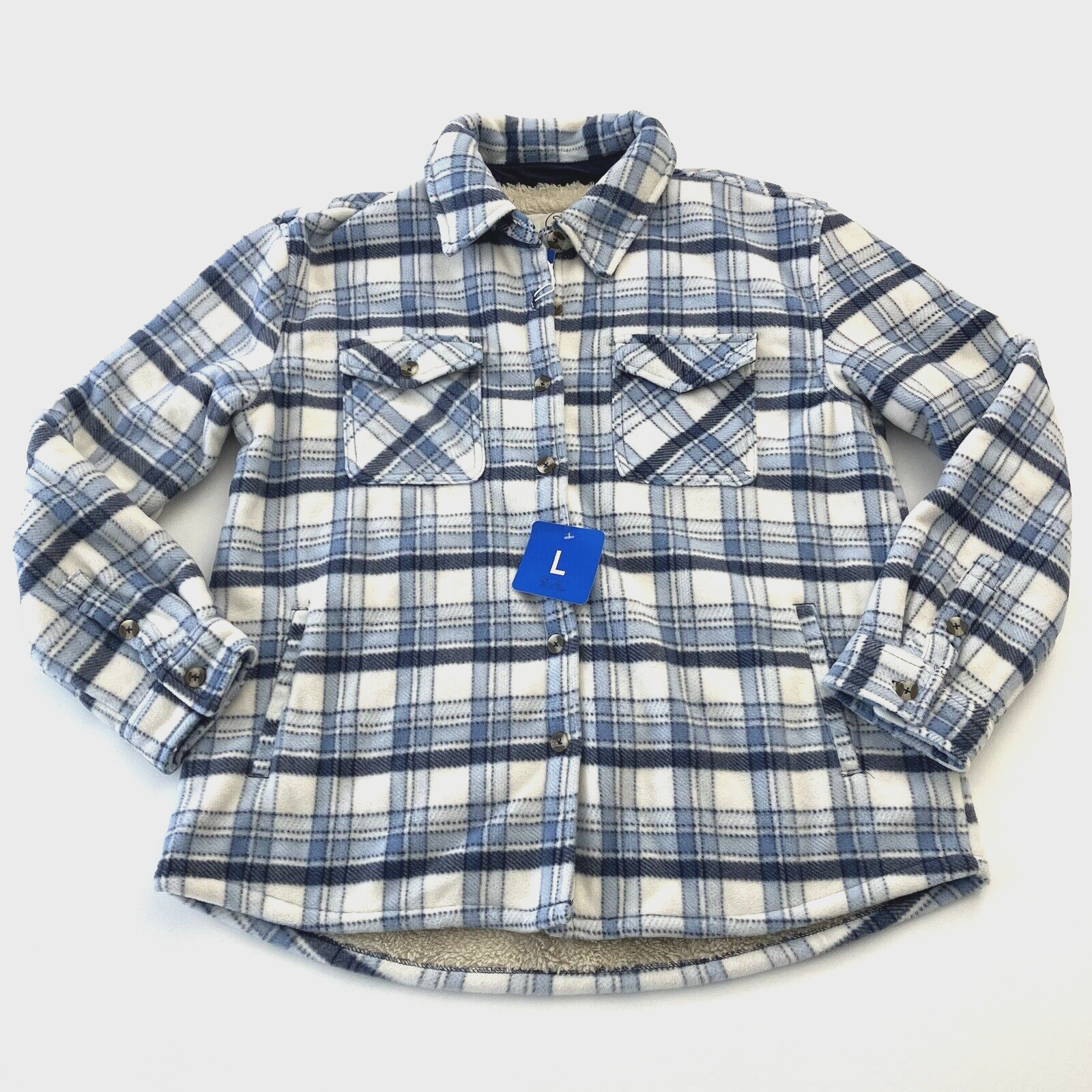 Primary image for SAGE Women Plush Button Down Front Pocket Fleece Shirt Jacket Plaid Blue Size L