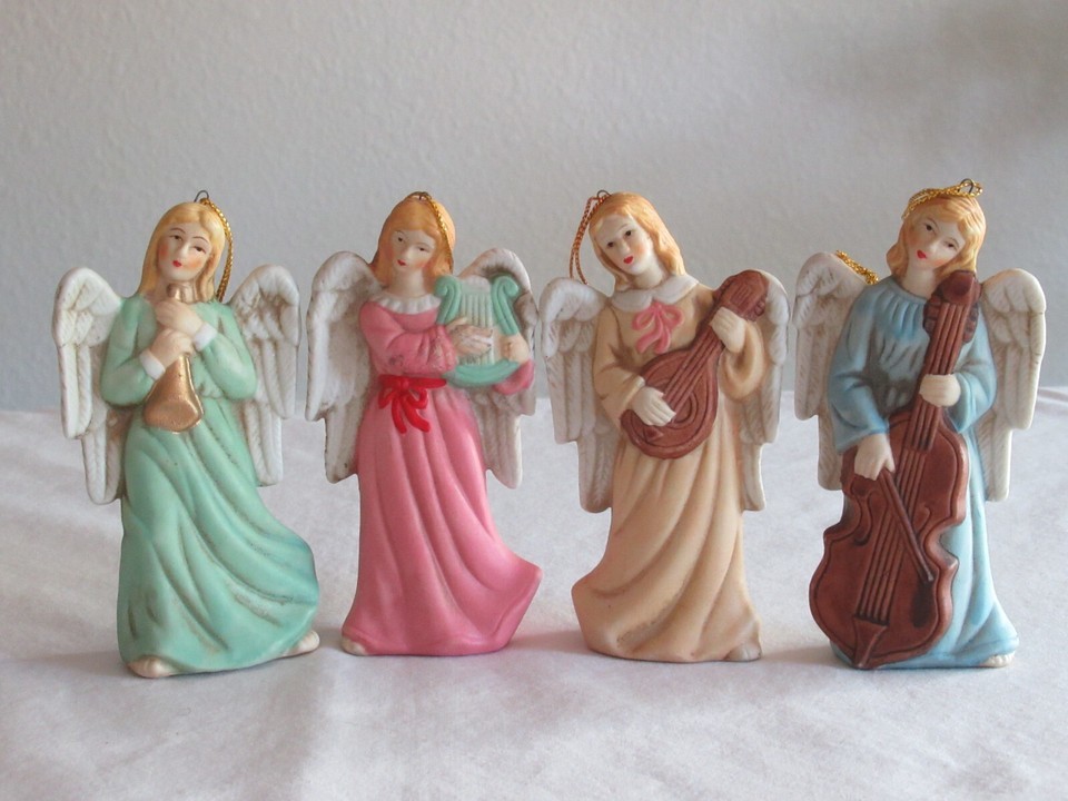 Lot of 4 Angel Ornaments Ceramic 4.5&quot; Playing Musical Instruments Heaven... - $14.24