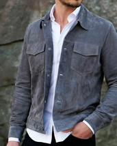 Men&#39;s Gray Suede Leather Shirt Trucker Jacket Soft Leather Handmade Retro Casual - £89.68 GBP+