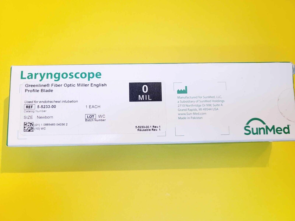 LARYNGOSCOPE GREENLINE FIBER OPTIC MILLER PROFILE BLADE 0 MIL SIZE NEWBO... - $20.50