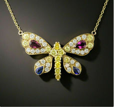 Round Citrine Pear Ruby Sapphire &amp; Diamond Pendant Chain 14K Yellow Gold Finish - £84.30 GBP