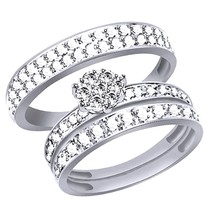 14K Plaqué Or 2Ct Véritable Moissanite Fleur Serti Trio Set Alliance Bague - £132.13 GBP