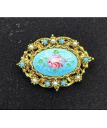 Vintage Capri Guilloché Enamel Brooch Pink Rose Faux Pearl Gold Tone Floral - $851.50 MXN