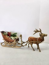 Christmas Around The World Vintage Wood and Brass Reindeer W Sleigh Wood Insert - £38.04 GBP