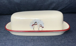 Royal Seasons Stoneware Christmas SNOWMAN Snowflakes Covered Butter Dish... - £15.97 GBP