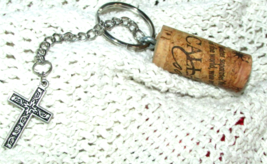 handmade WINE CORK KEY CHAIN w  1-5/8" CROSS silver black  1 side design - $6.00