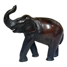 Vintage Hand Carved Dark Wooden Elephant Figurine Trunk Up For Good Luck... - $37.39