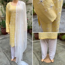 Pakistani Light Yellow &amp; White Straight Style  Embroidered 3-Pcs Lawn Su... - $88.11