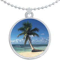 Palm Tree Paradise Beach Round Pendant Necklace Beautiful Fashion Jewelry - £8.63 GBP